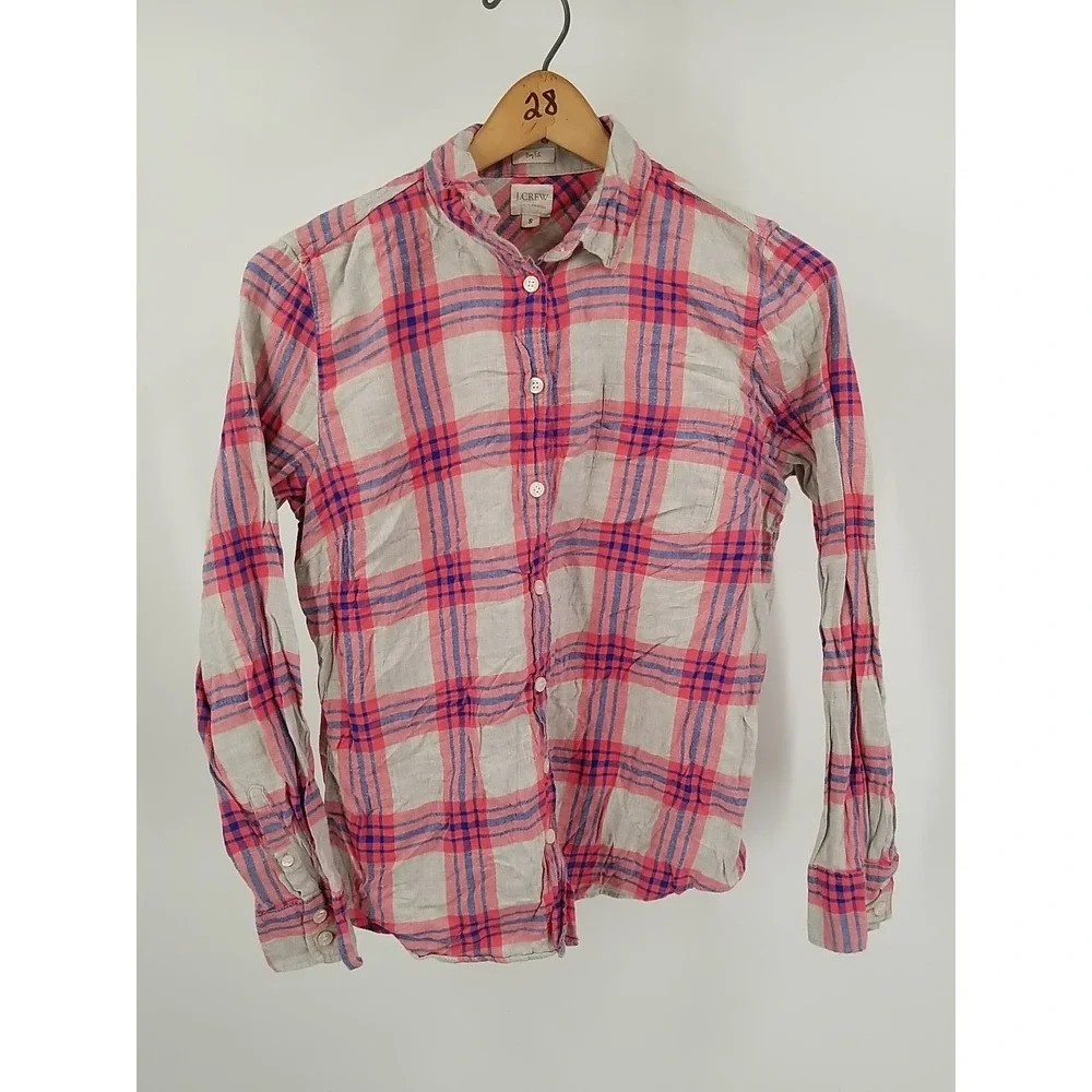 J. Crew Womens Boy Fit Plaid Button Up Shirt Small Long Sleeve Pink Gray